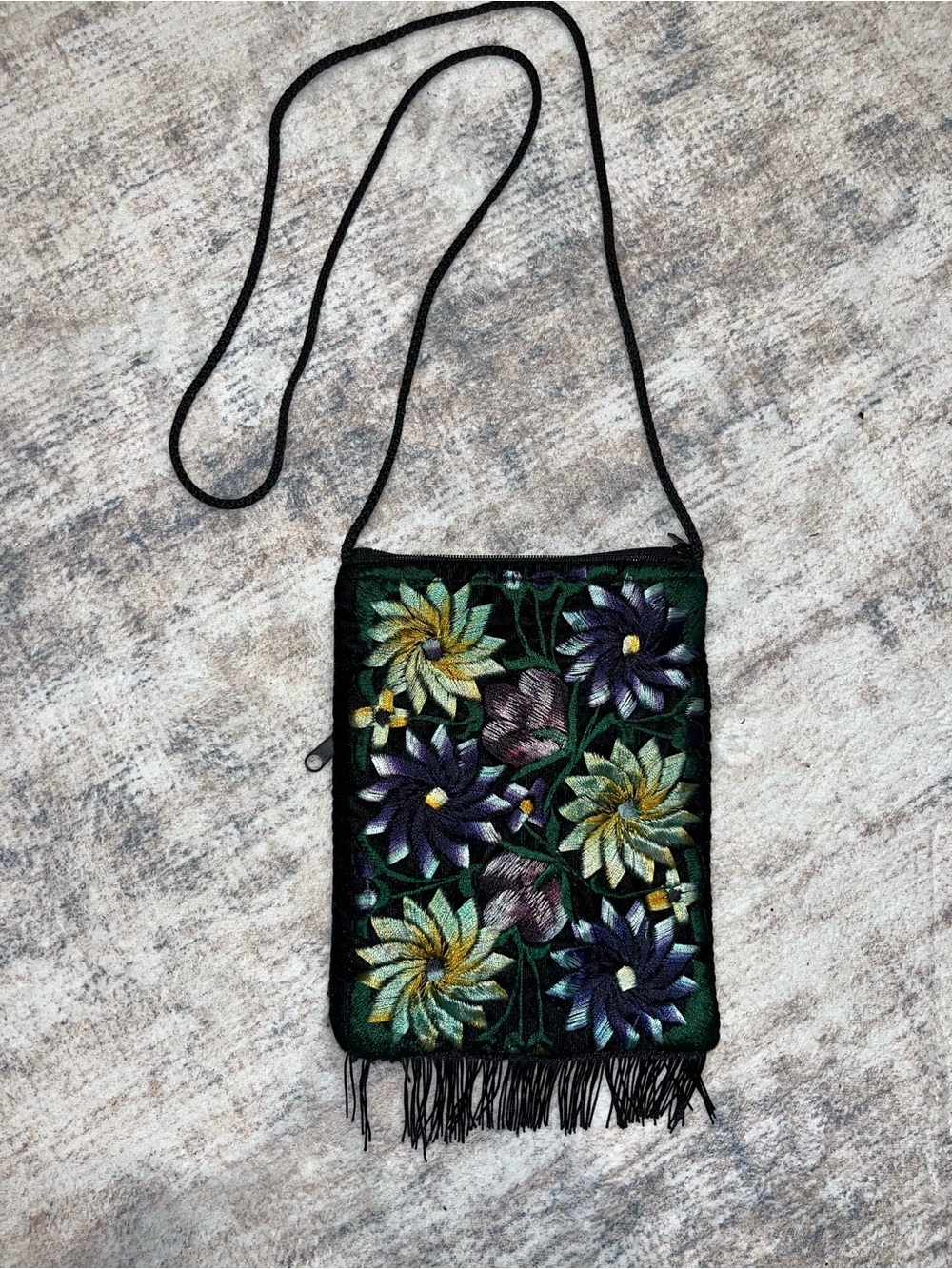 Vintage Black Floral Embroidered Velvet Crossbody Purse Boho Fringe